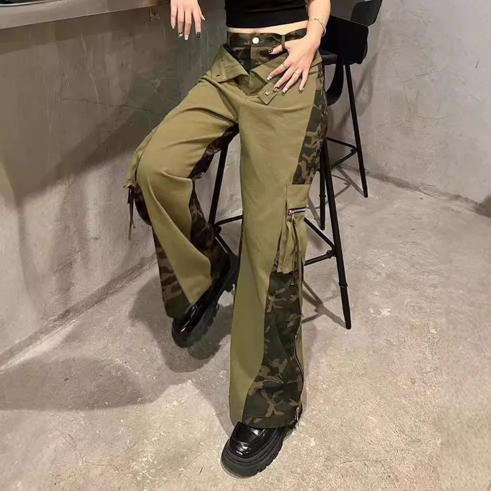 Retro high waist tooling jeans in dark khaki leopard print with contrast stitching and straight leg.