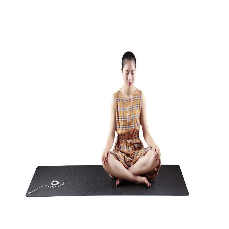 Blue floral pattern conductive yoga mat with grounding wire, showing non-slip PU surface