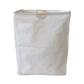 Folding cotton and linen laundry basket with wooden handles in white ring design
