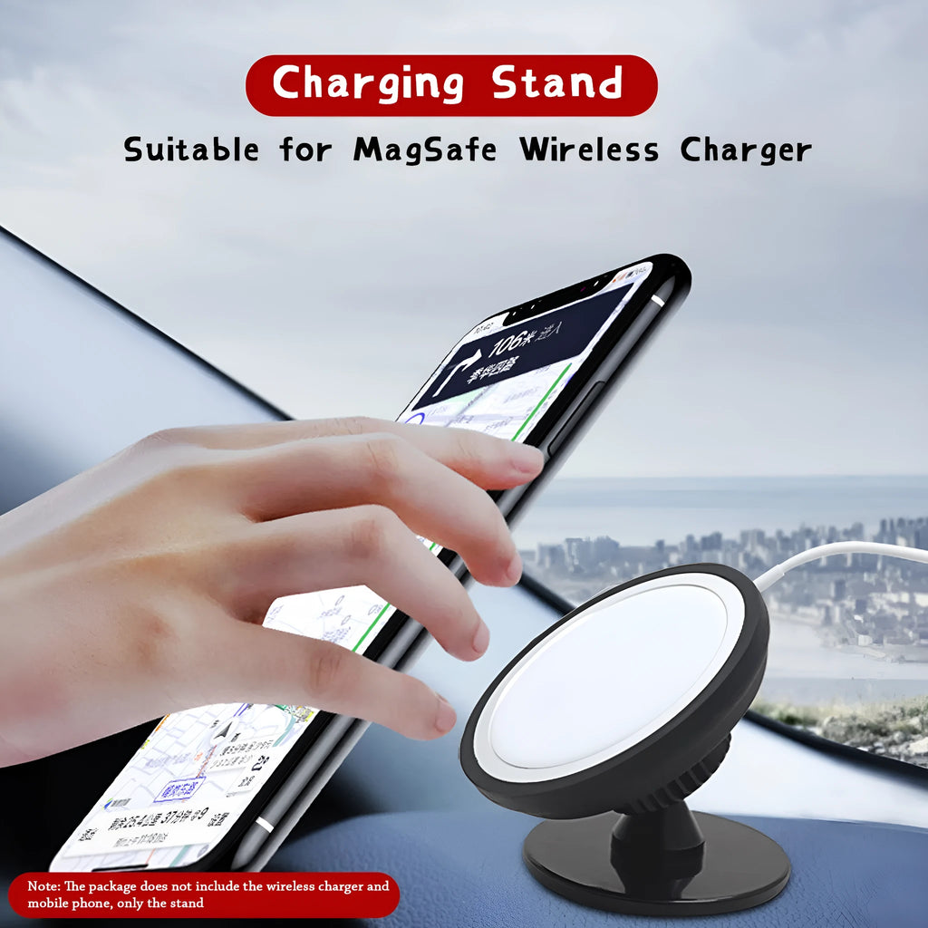 Black magnetic car mobile phone holder showing both air vent and dashboard base mounting options