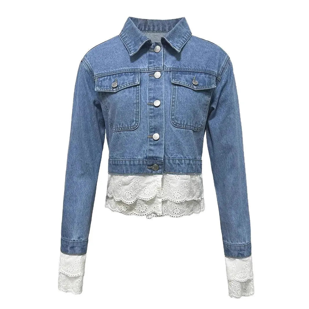 Blue women's denim jacket with white lace stitching details on the front, showing long sleeves.