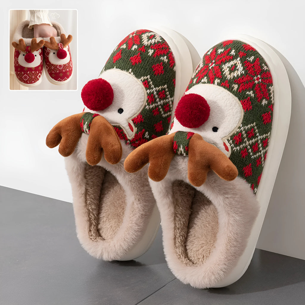 Cute Christmas elk plush slippers in Christmas Red with non-slip PVC sole, women winter house shoes
