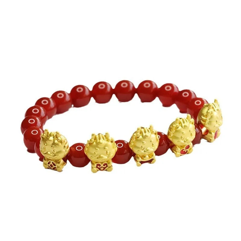 Red agate Chinese dragon bracelet with 8mm beads and traditional cultural design