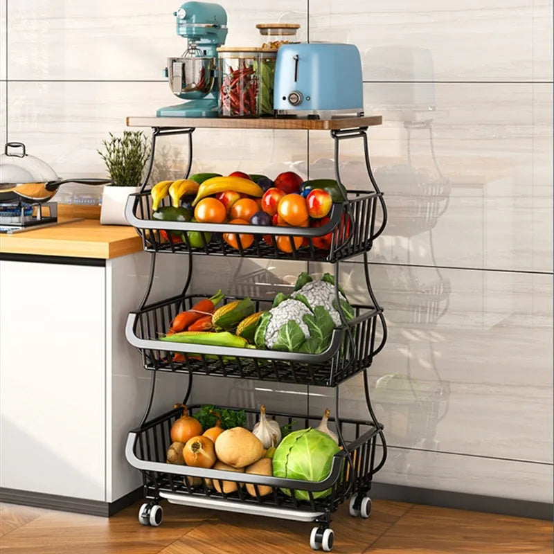 Black six-tier free-standing kitchen storage trolley with foldable metal shelves.