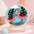 Linen embroidery DIY kit with cartoon flamingo design