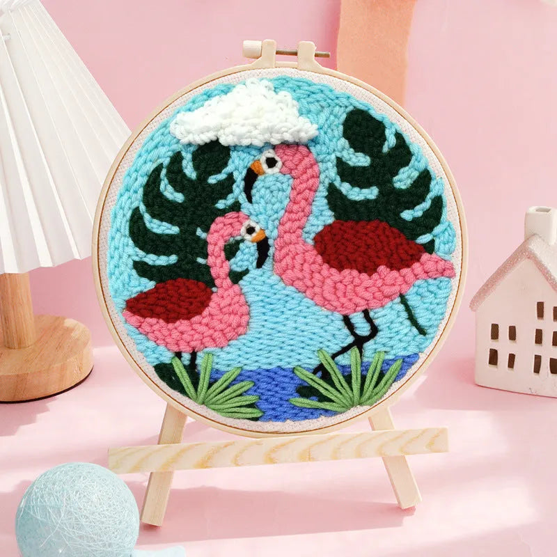 Linen embroidery DIY kit with cartoon flamingo design