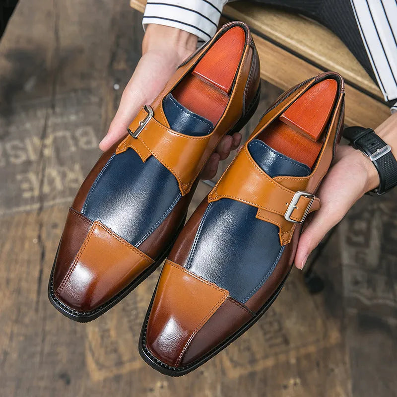 Men's brown blue retro buckle casual leather shoes with tall crown design