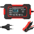Red US standard car battery charger for lead-acid batteries with reverse connection protection, 213x110x64mm