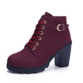 Chunky block heel women ankle boots with buckle strap and front tie in PU suede, round toe, black