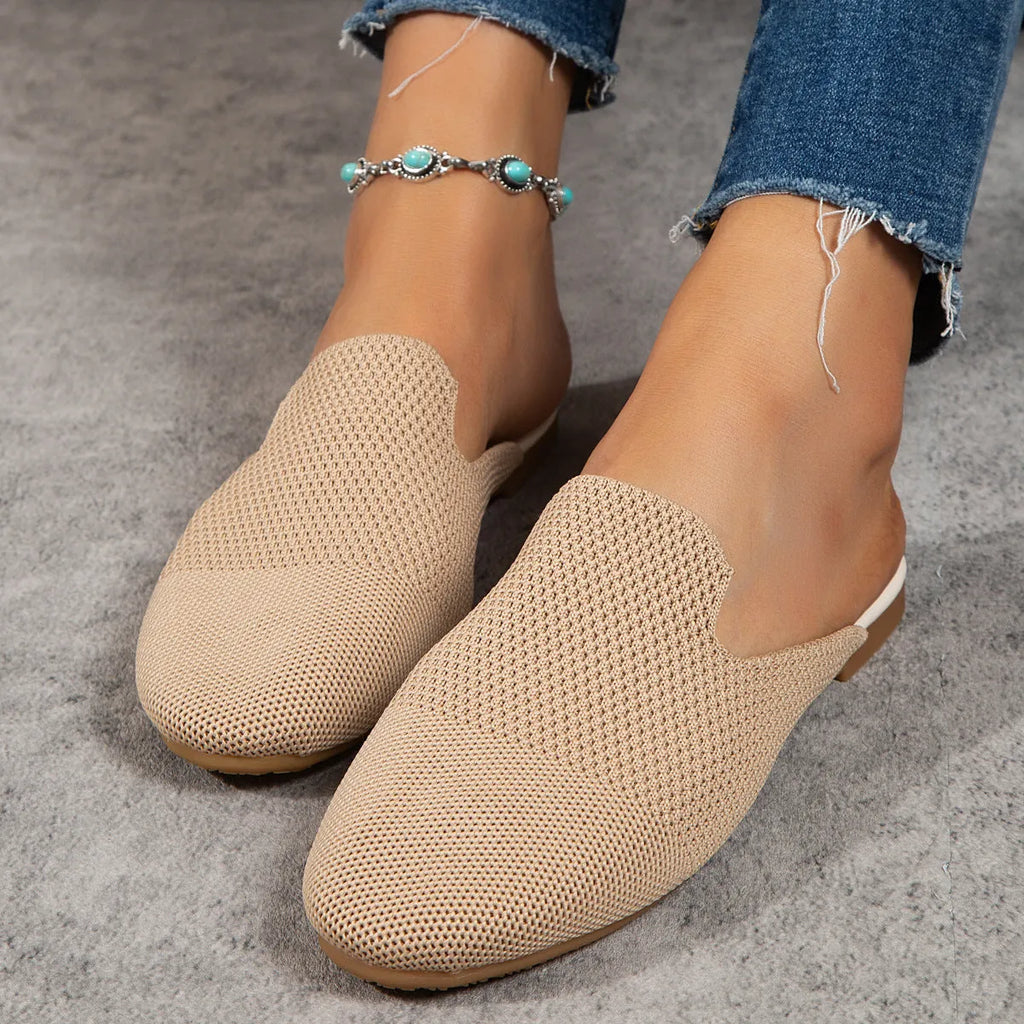 Mesh slip-on sandals in apricot colour with round toe design and rubber sole