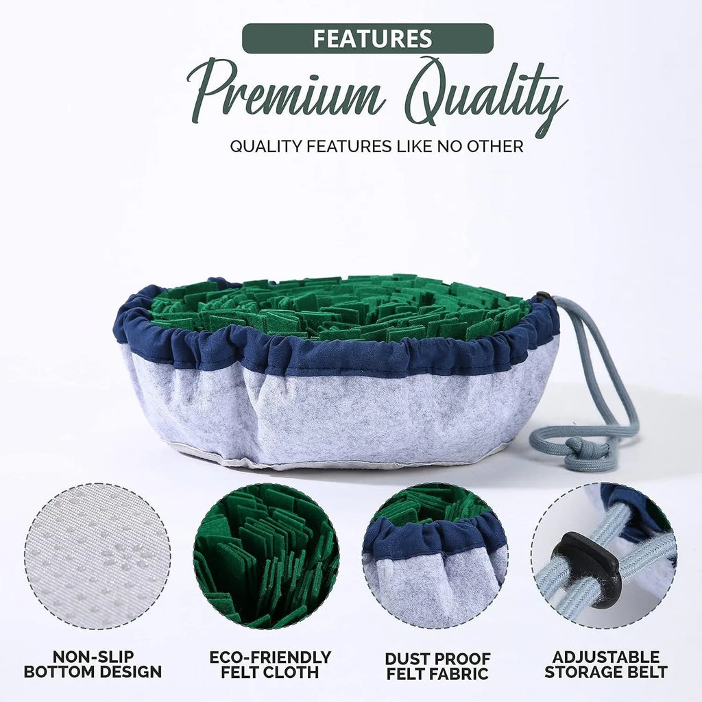 Blue adjustable dog snuffle mat spread out showing foraging folds for slow feeding