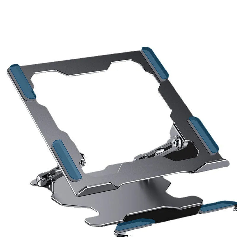 Grey adjustable aluminium laptop stand in folded and unfolded positions showing hollow design