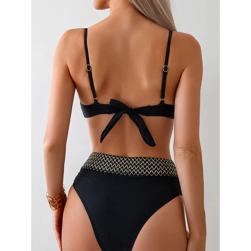 Black polyester bikini swimsuit with split briefs in European and American sizing