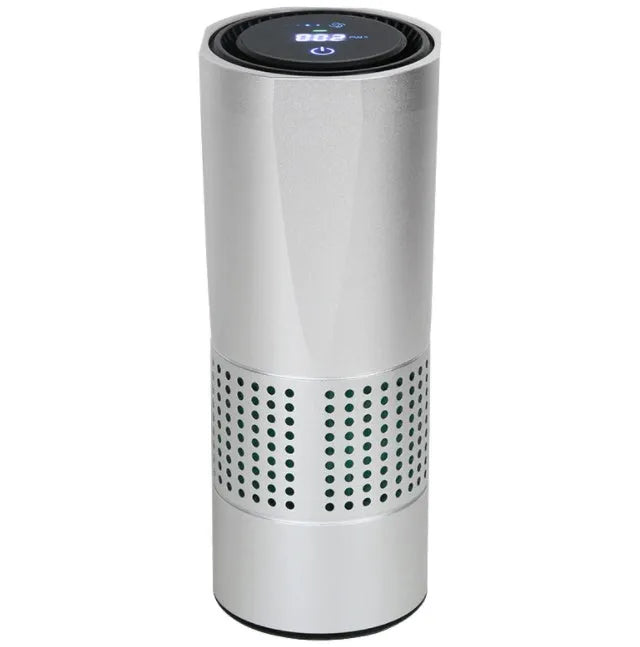Aluminium alloy car air purifier with digital display showing air quality, temperature, and humidity readings.