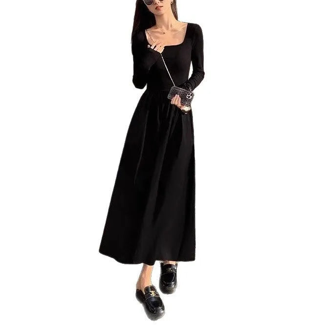 Women's black square collar knitted dress with elastic waist and A-line silhouette