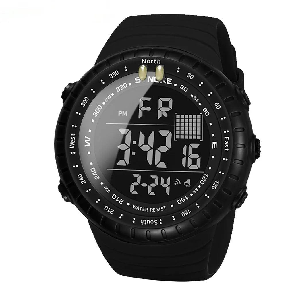 Black waterproof digital watch with 54.74mm dial and adjustable PU strap