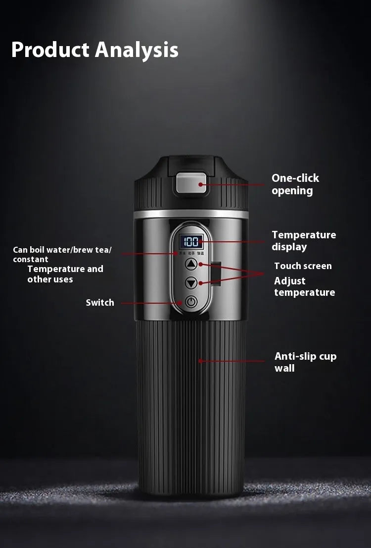 Smart car water boiling cup in black or white, stainless steel vacuum insulating cup, vertical pattern version, 70W