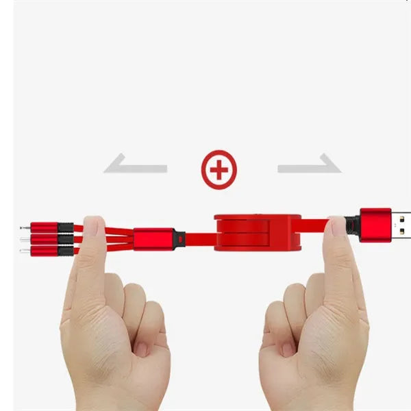 Telescopic 3-in-1 charging cable extended to 120 cm length showing TPE wire and titanium alloy connectors