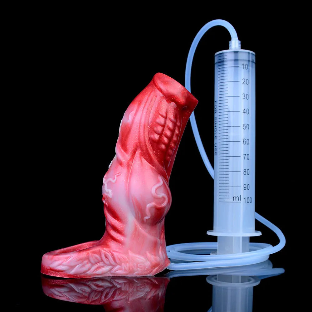 Liquid silicone adult condom toy with water spray syringe control system showing M and L size options