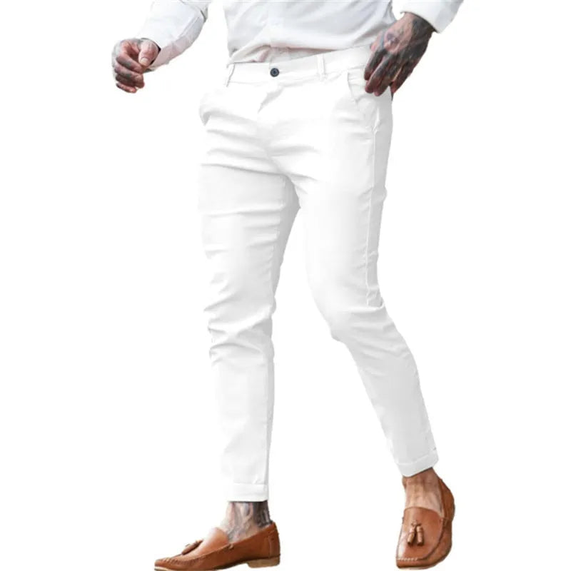 Men's slim fit cotton stretch pencil pants in multiple colours with mid waist and zip fly closure