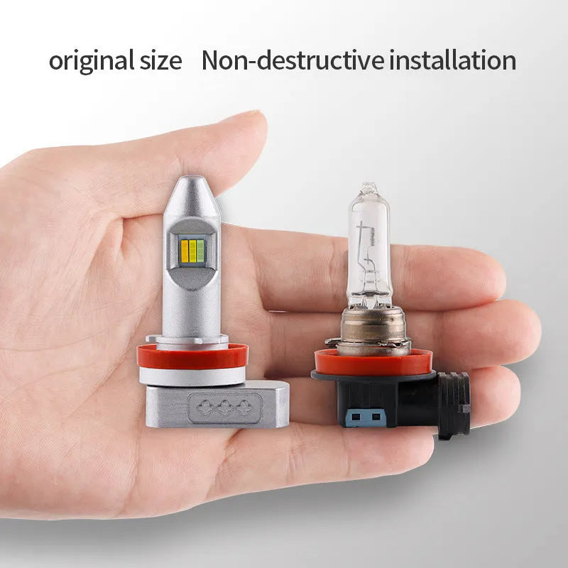 Super Stable LED car fog lamp bulb with aluminium housing and multiple connector types on white background.