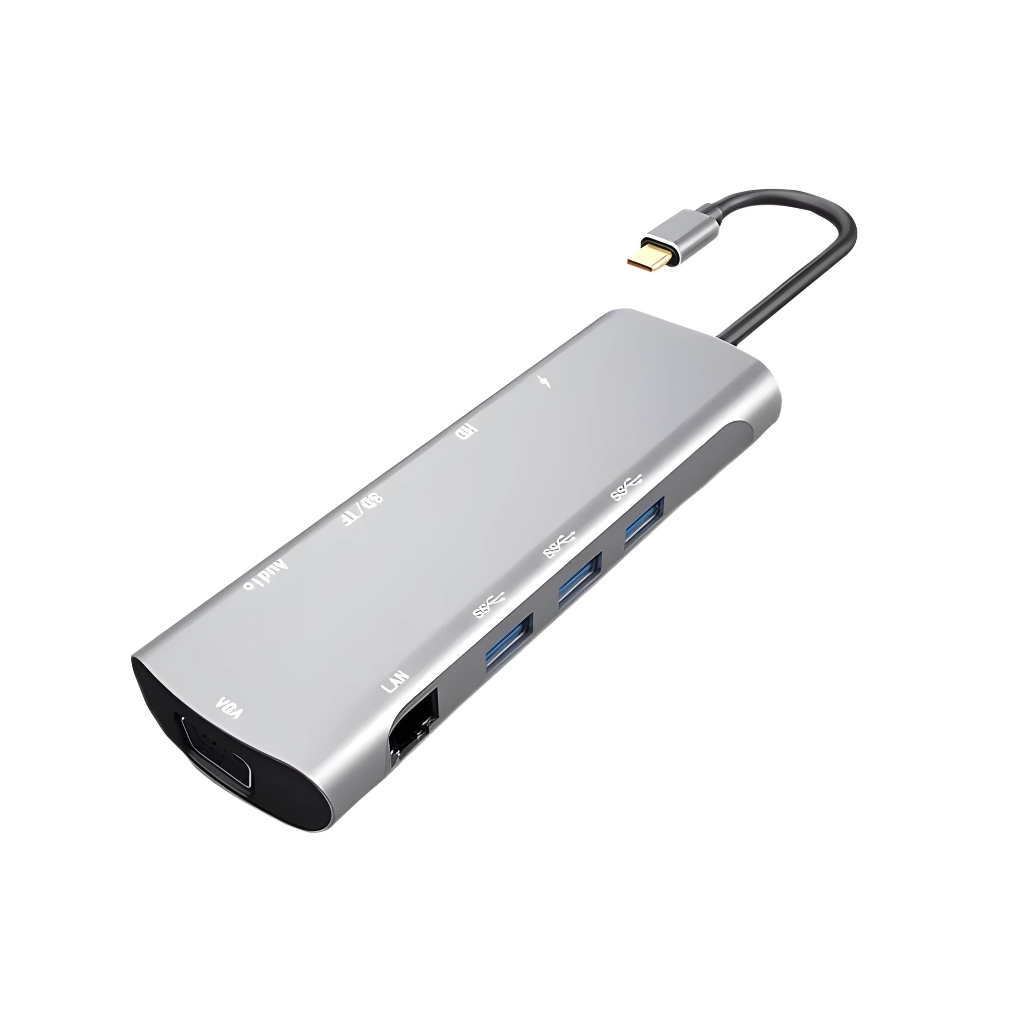Grey aluminium USB-C docking station with HDMI, VGA and USB ports