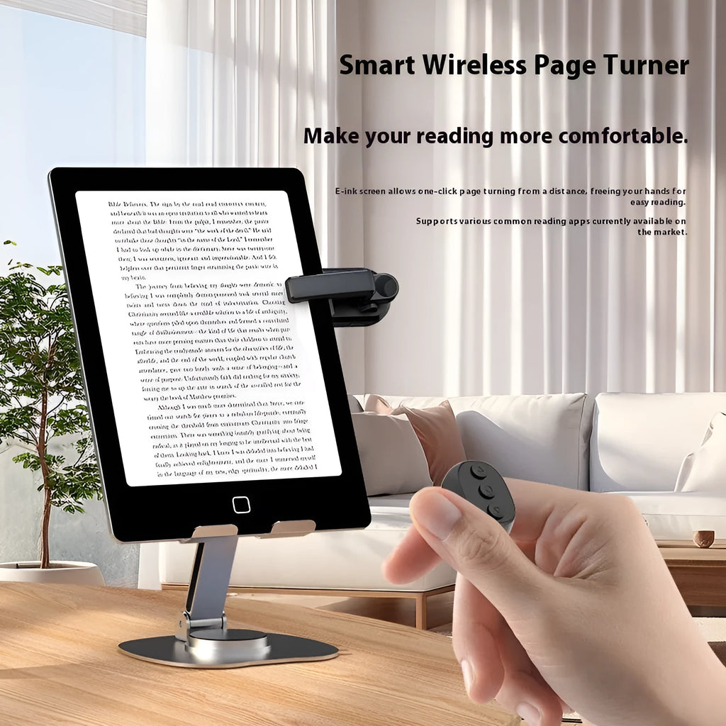 Wireless page turner remote control with clicker, available in black, white, and pink colours.