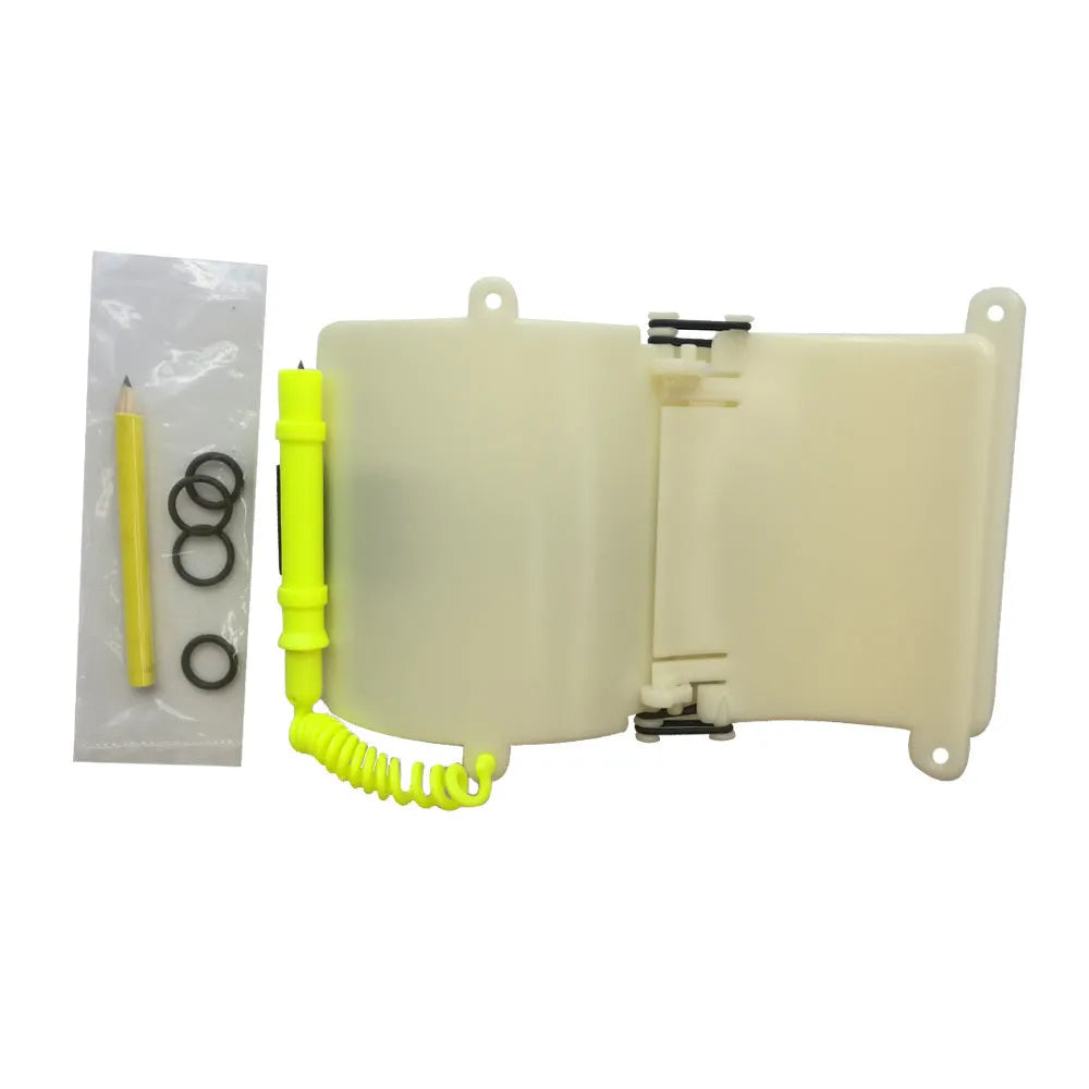 White luminous underwater writing wristboard for divers on a wrist, with pencil and spare o-ring.
