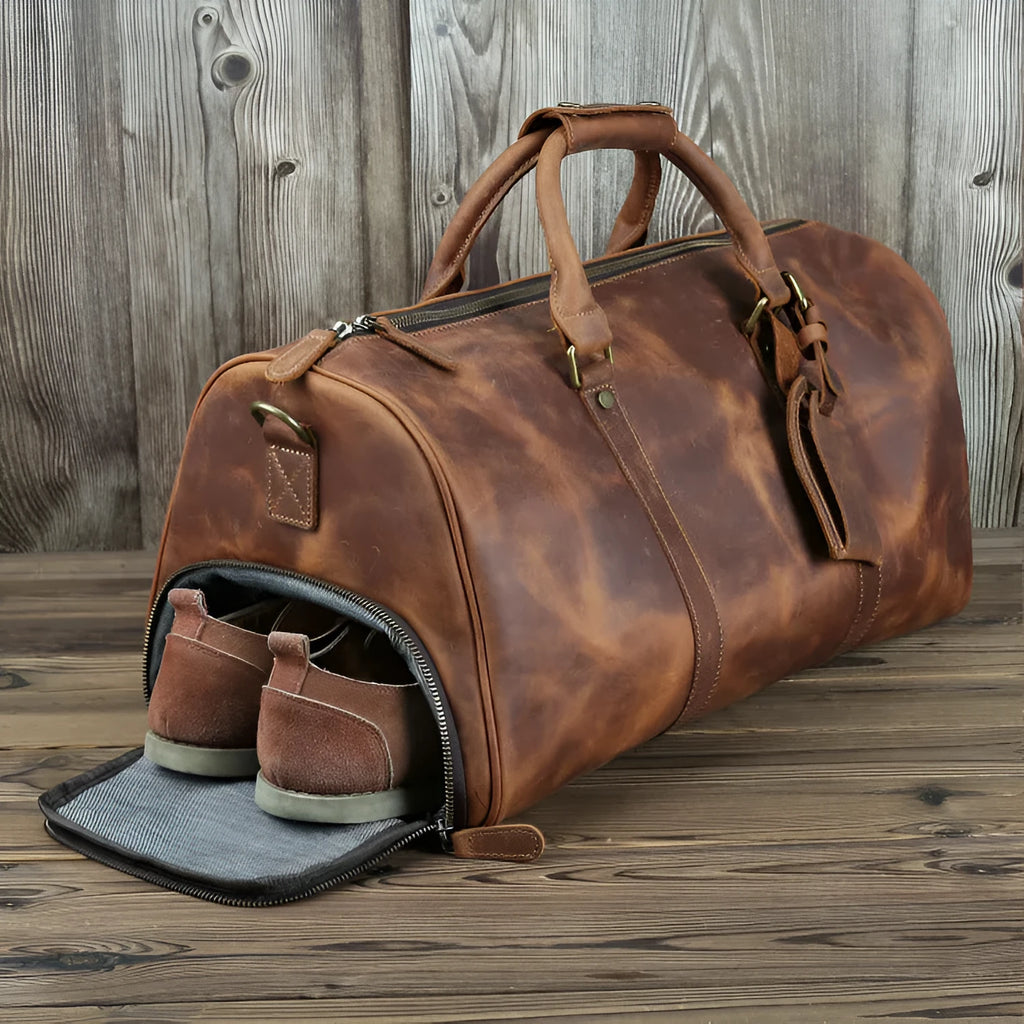 Horse leather men's travel bag in brown crazy horse cowhide finish, 50cm long