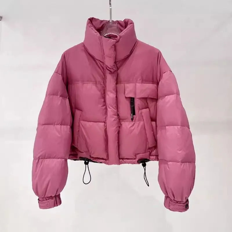 Korean-style stand collar short puffer jacket in solid colour with pleats and princess sleeves, available in yellow, black, raspberry red, and blue