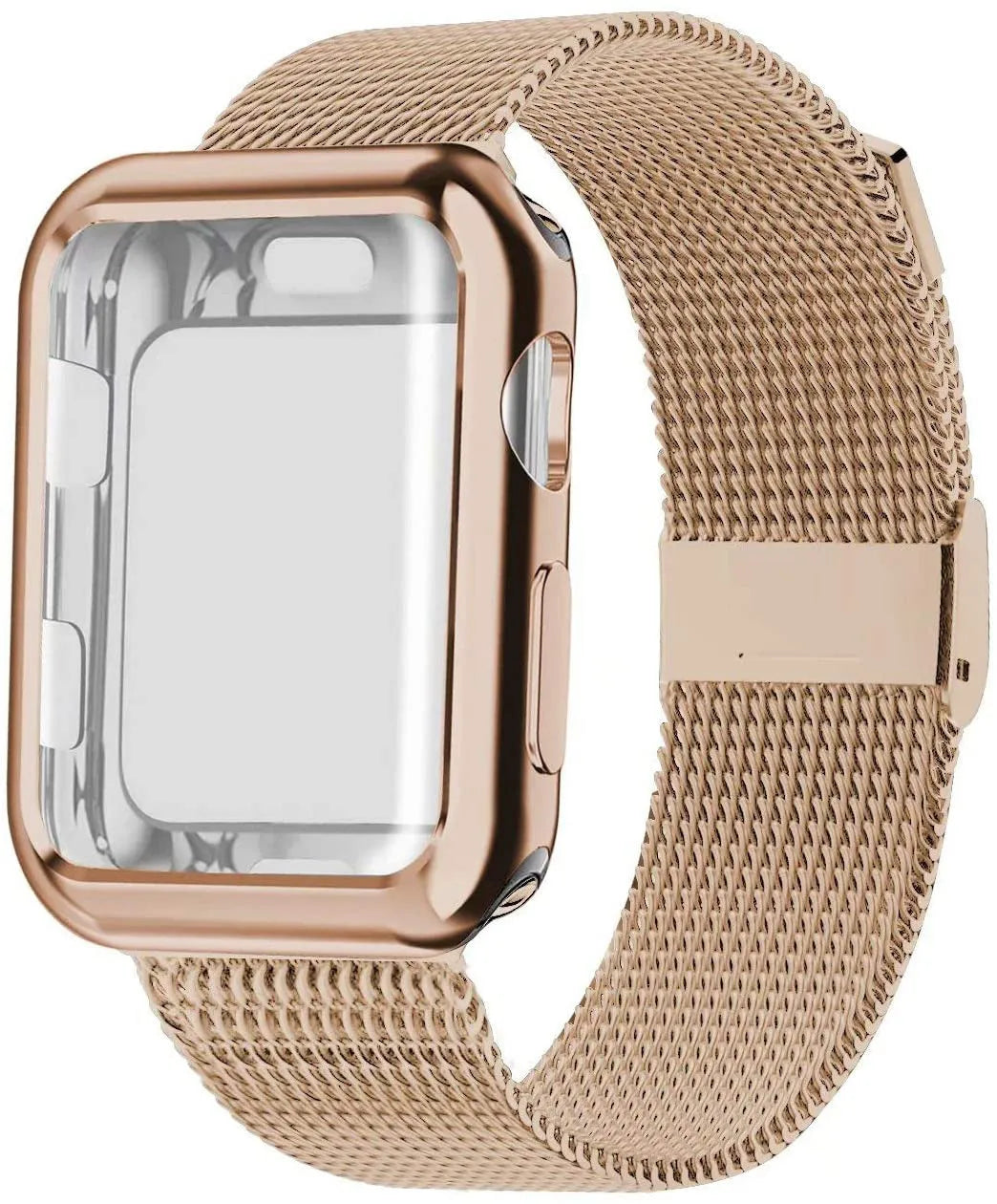 Magnetic metal Milan wristband for Apple Watch on wrist, showing clasp and mesh detail.