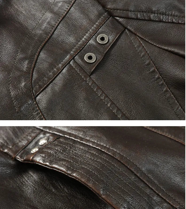 Washed PU leather biker jacket in Black, Coffee or Khaki, sizes L to 5XL with polyester lining