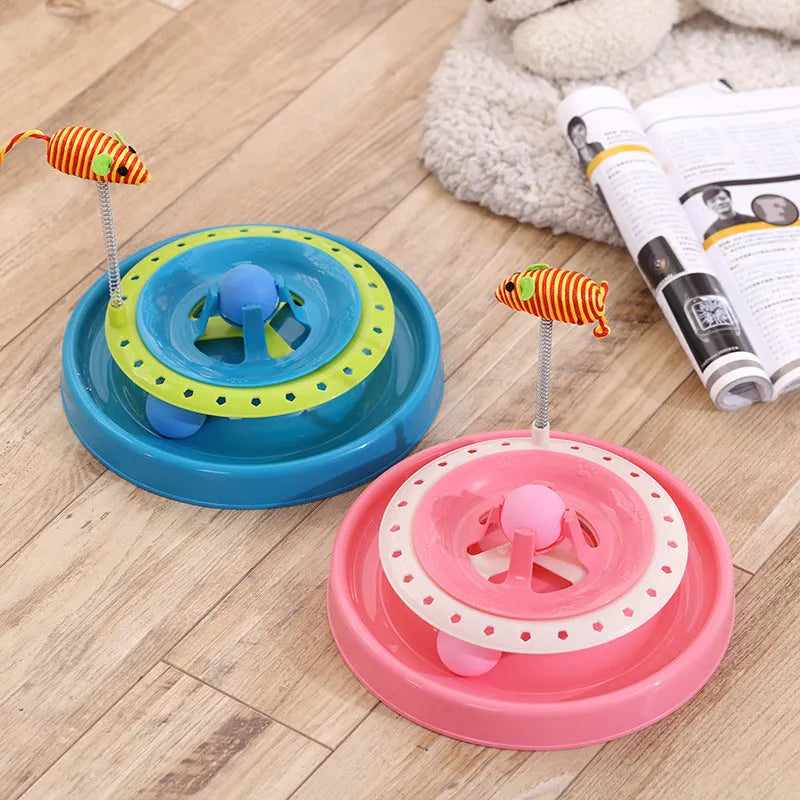 Pink interactive cat play plate toy with spring, PP plastic, 20.6cm diameter, 25.3cm high