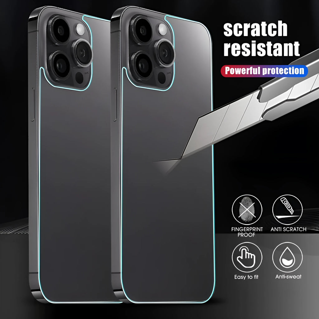 Tempered back glass film for iPhone 12 to 15 series showing rear panel protection