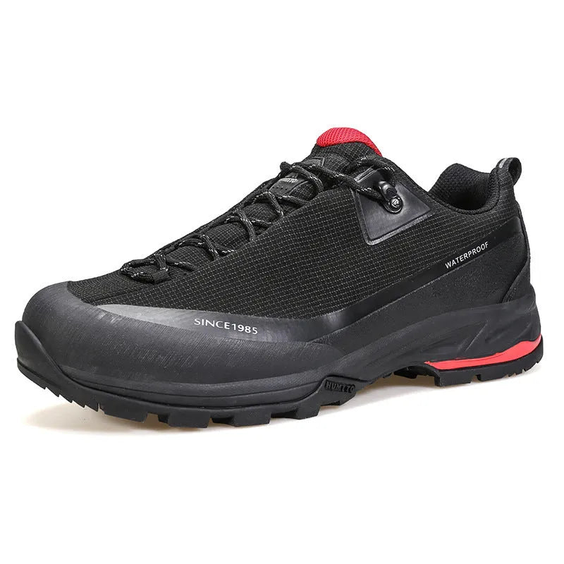Men's low-top leather mesh hiking boot in black with lace-up front and rubber outsole.