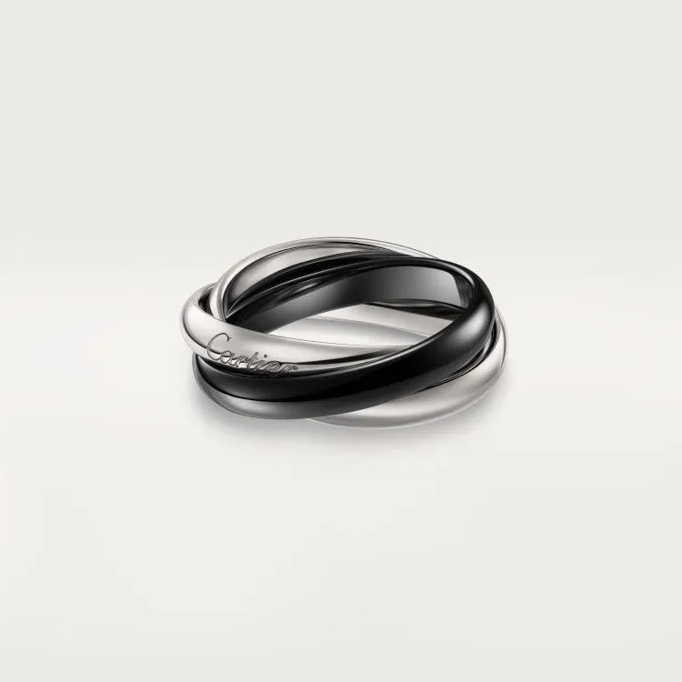 Geometric U-shaped silver couple ring set with full diamond and plain finish options on a size chart.