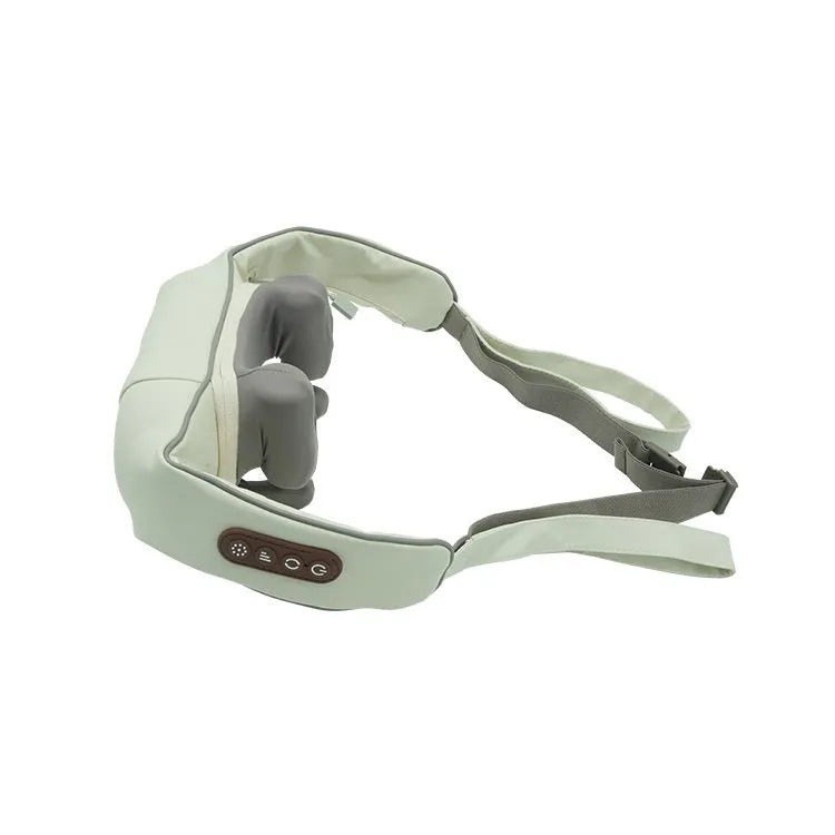 Blue foldable electric neck and back massager with heat settings on a table
