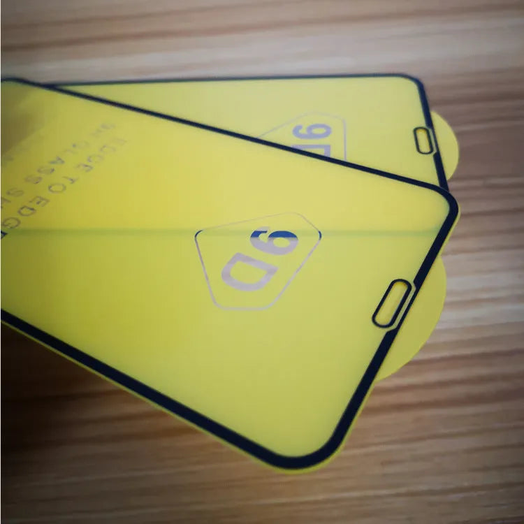 Black full screen tempered glass protector for Xiaomi smartphones on a white background.