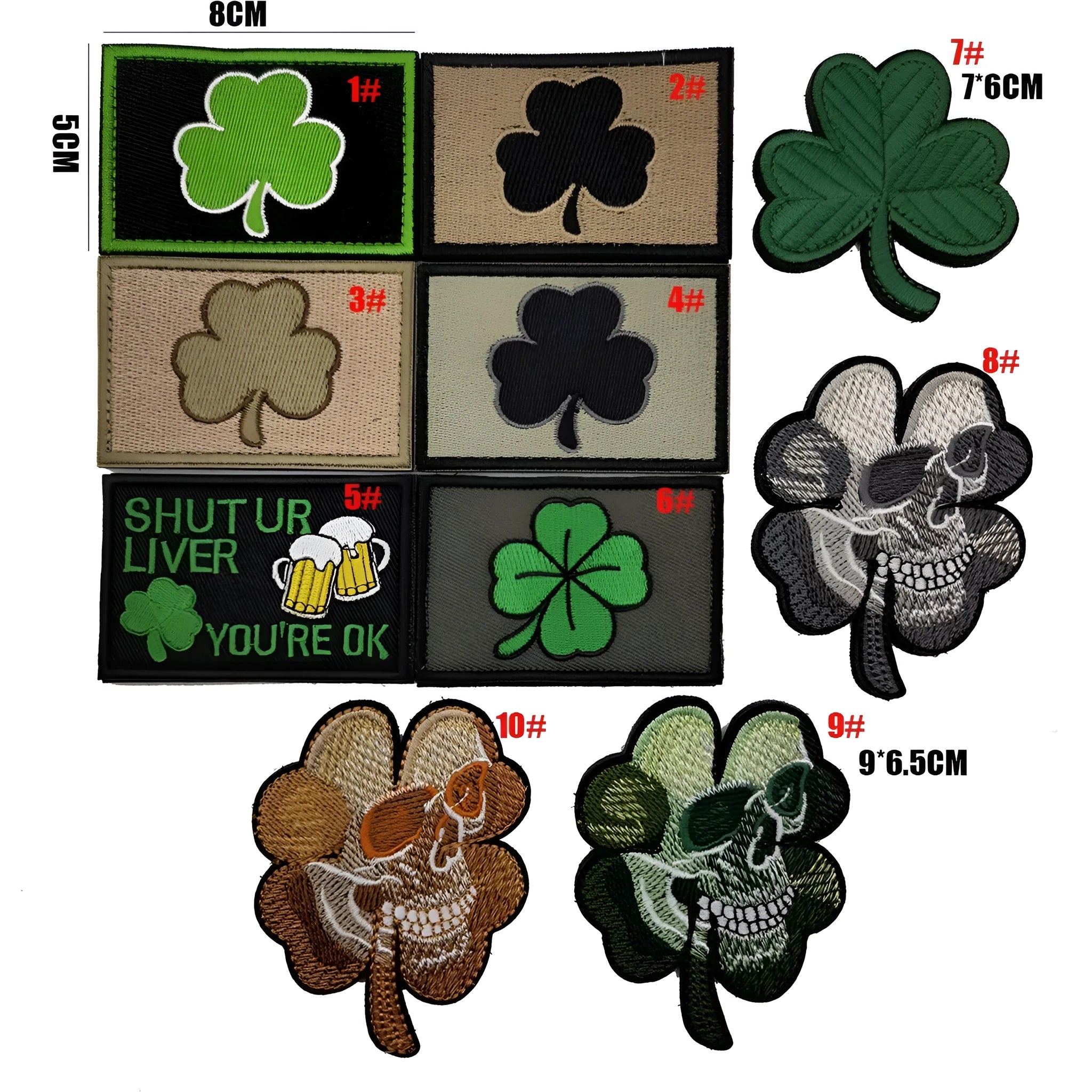 Outdoor embroidered fabric badge with green clover design on a velcro strip backing.