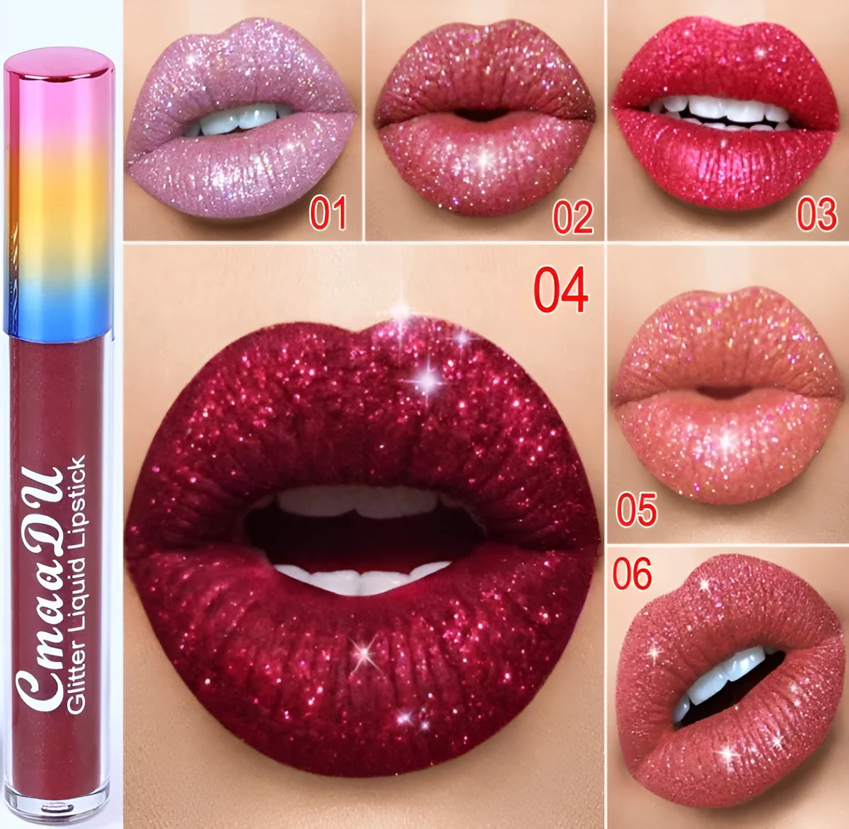 Symphony Shiny Matte Metal Lip Gloss Lipstick 4mL in six colour options 01-06 with mineral formula