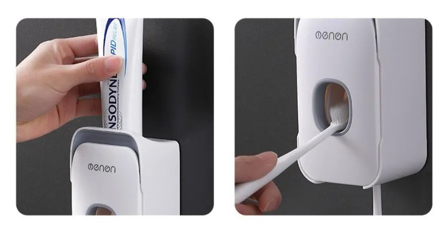Wall-mounted automatic toothpaste dispenser in blue, grey, or pink colours with a visible dispensing lever.