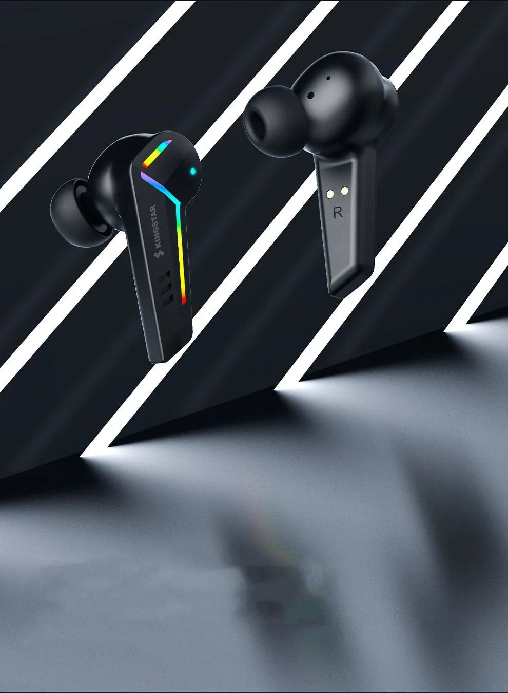 Small black wireless TWS Bluetooth gaming headset with earplug design