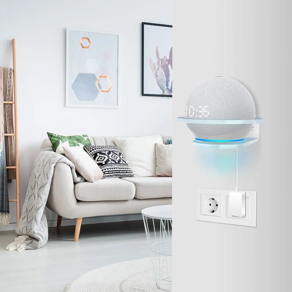White plastic wall mounting bracket for Amazon Echo Dot 4th generation smart speaker