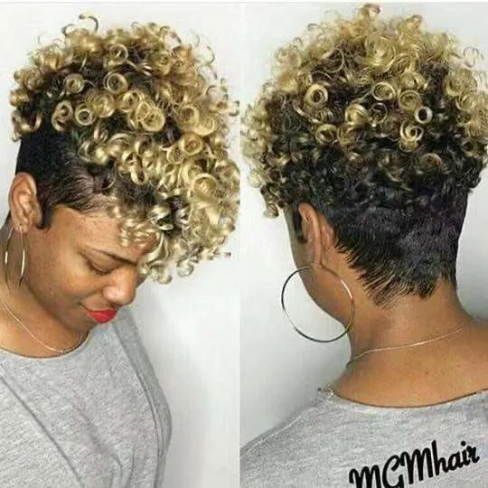 Women's short synthetic wig with exotic rolled style in Kanekalon fibre, shown in black.