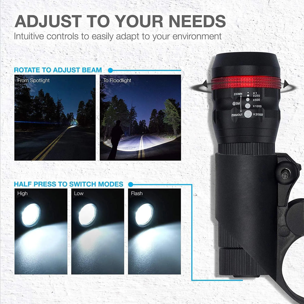 Bicycle headlight and taillight set with metal mounting bracket on a black background.