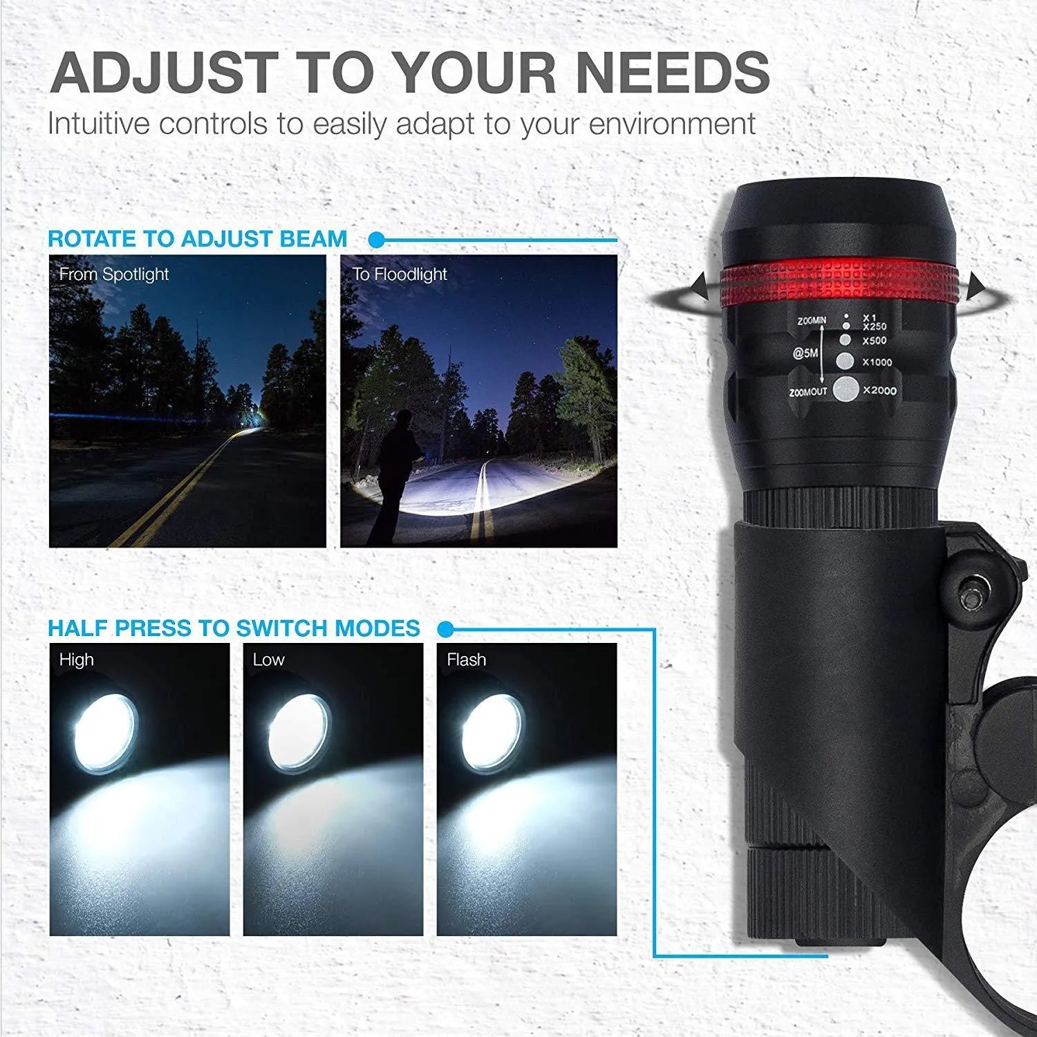 Bicycle headlight and taillight set with metal mounting bracket on a black background.