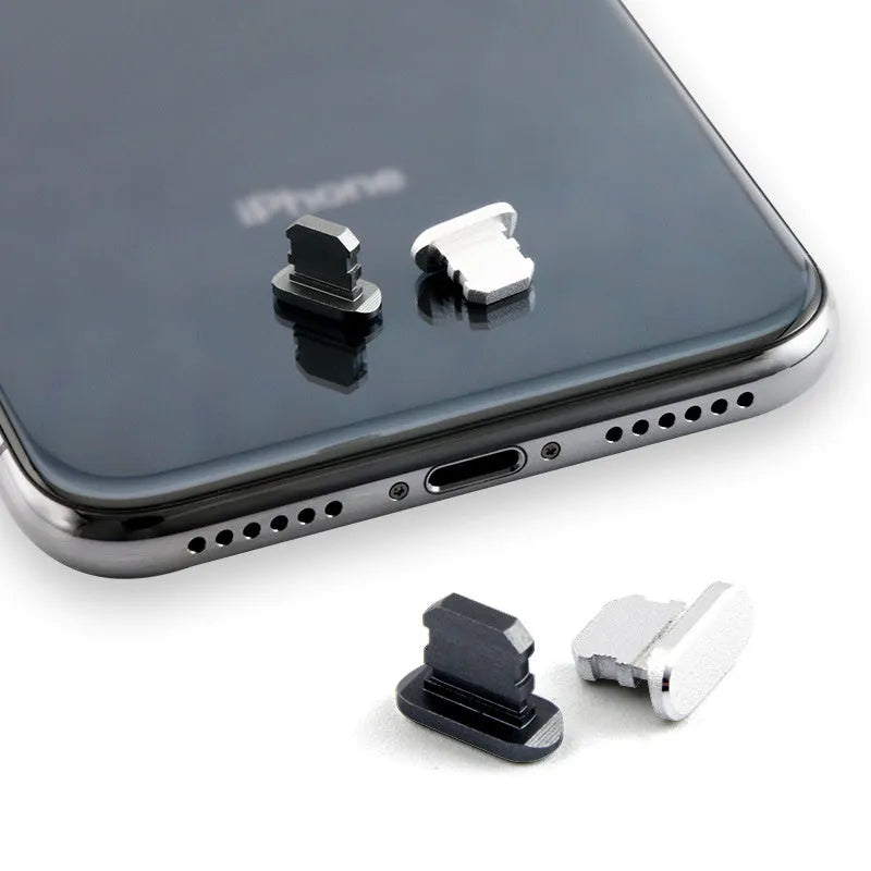 Aluminium alloy iPhone charging port dust plug shown in gold, silver, blue, red, grey, black, rose gold, and rose colours.