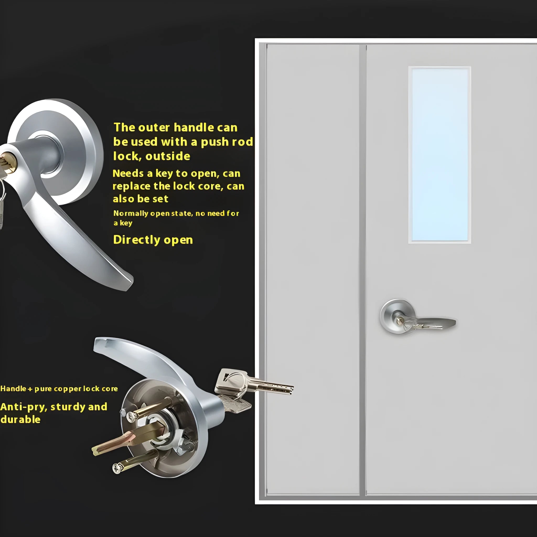 Stainless steel fireproof door push lock with external handle for 65cm wide doors.