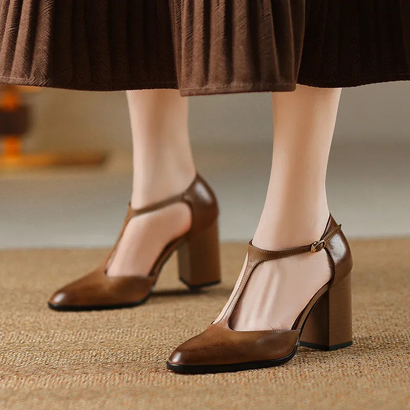Women's dark brown retro pointed toe Mary Jane shoes with a buckle fastening.