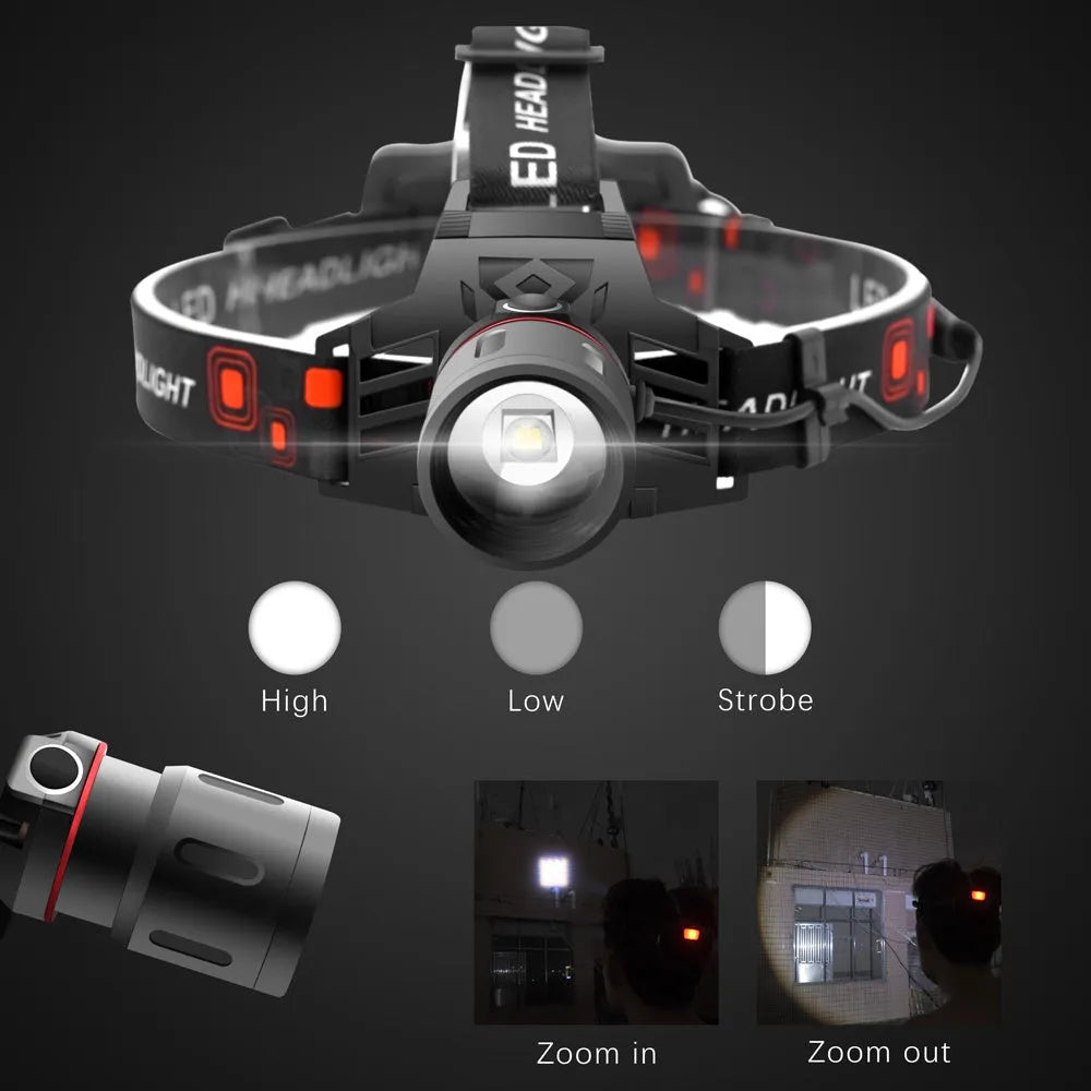 T6 LED headlamp with zoomable head showing white, green and red light options